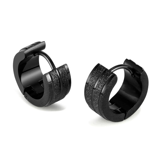 Steel Black Sandblasted Huggie Earrings for Men