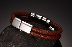 Steel Beads Brown Leather Bracelet