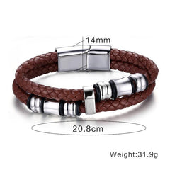 Steel Beads Brown Leather Bracelet