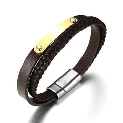 Leather Stainless Steel Gold Engravable Bracelets