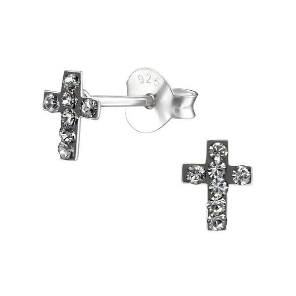 Kid's Silver Cross Ear Studs Swarovski Crystal Black Diamond	