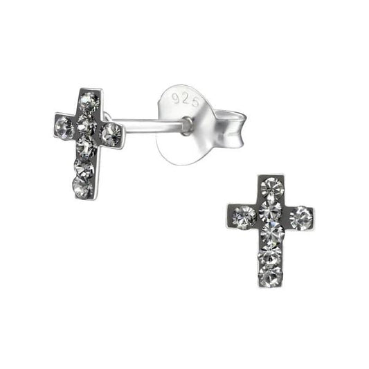 Kid's Silver Cross Ear Studs Swarovski Crystal Black Diamond	