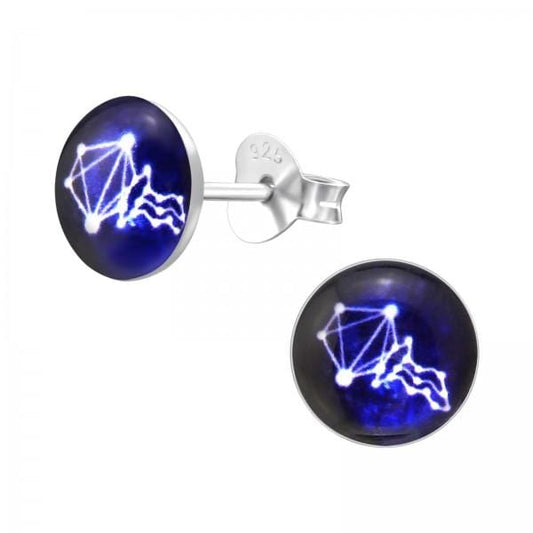 Kids Silver Aquarius Zodiac Sign Stud Earrings