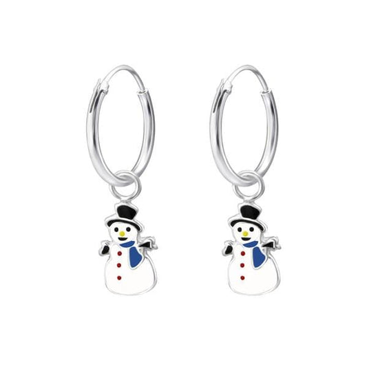 Children's Silver Ear Hoop with Hanging Snowman and Epoxy