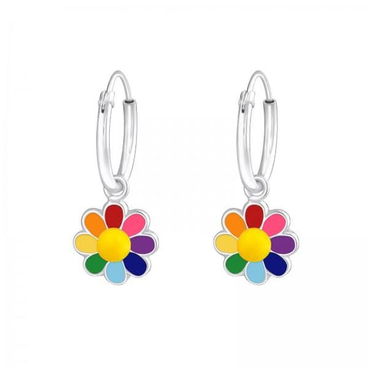 Kids Silver Hanging Flower Hoop Earrings