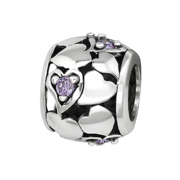 Silver Heart CZ Amethyst Charm Bead