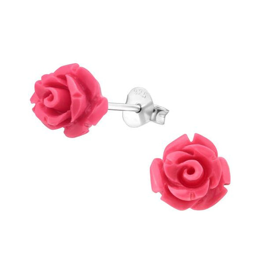 Sterling Silver Rose Ear Studs Dark Pink	