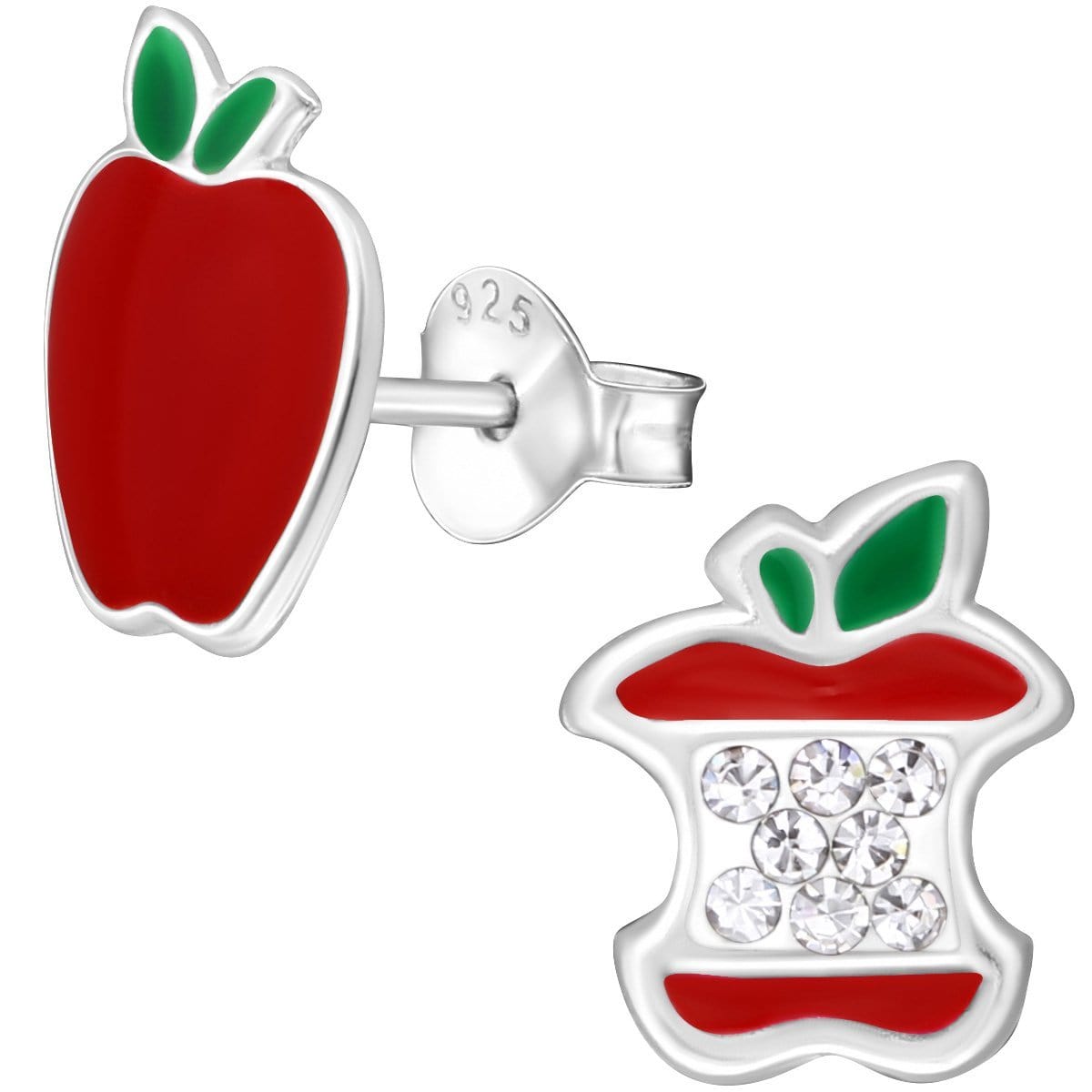 Kid's Sterling Silver Apple Ear Studs Made With Swarovski Crystals