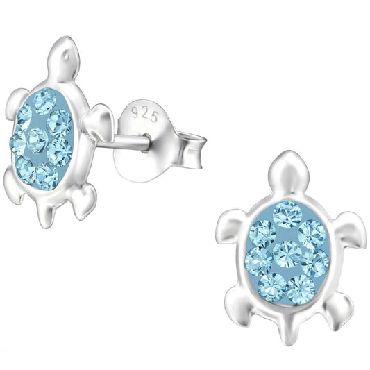 Kid's Sterling Silver Turtle Ear Studs Made With Swarovski Crystal Aquamarine