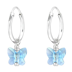 Sterling Silver Butterfly hoop earring Made with Swarovski Crystal-Aquamarine