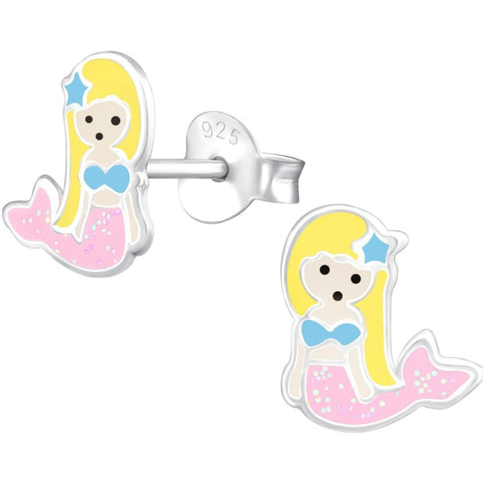 Kid's Sterling Silver Mermaid Earring Studs - Yellow & Pink