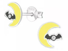 Kids Silver Moon and Bat Stud Earrings