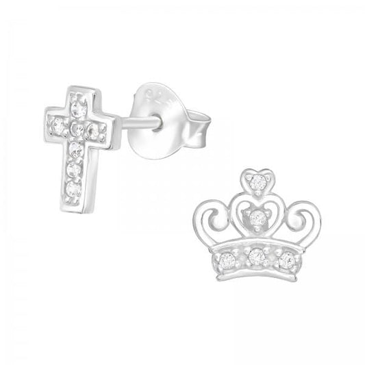 Silver Cross and Crown Stud Earrings