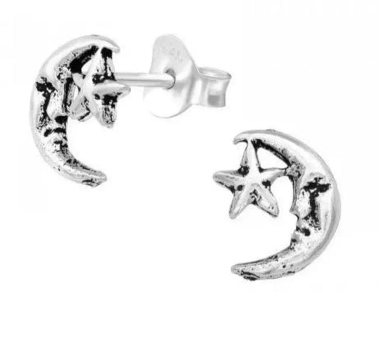 Silver Moon and Star Stud Earrings