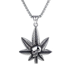 Stainless Steel Marijuana Leaf Skull Necklace