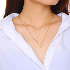 Steel Gold Star Pearl Layered Necklace