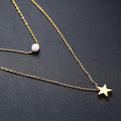 Steel Gold Star Pearl Layered Necklace