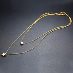 Steel Gold Star Pearl Layered Necklace