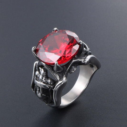 Men Biker Ring with Red Stone