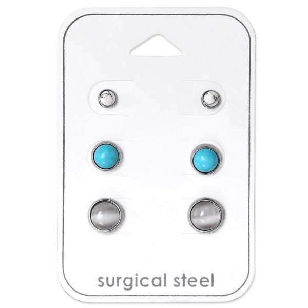 Mixed Stone Steel Earrings Set