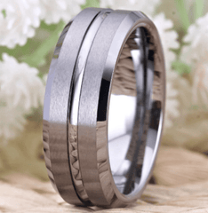 Matte Silver Groove Tungsten Wedding Ring for Men