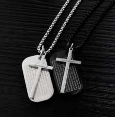 Stainless Men's Bible versus Dog Tag Cross Pendant