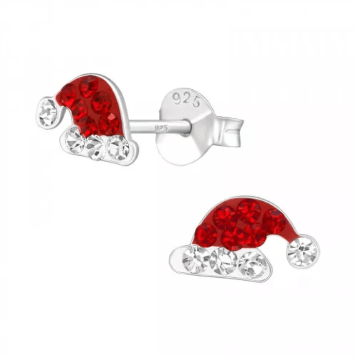 Kids Silver Crystal Santa Hat Stud Earrings