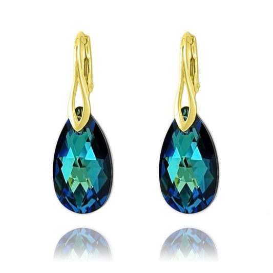 Pear 22mm 24K Gold Earrings with Swarovski Crystal - Bermuda Blue