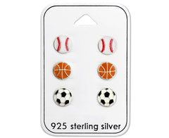 Kids Sterling Silver Football Soccer Earrings Set