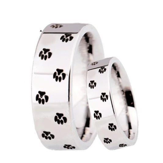 Tungsten Paw Print Silver Wedding Bands