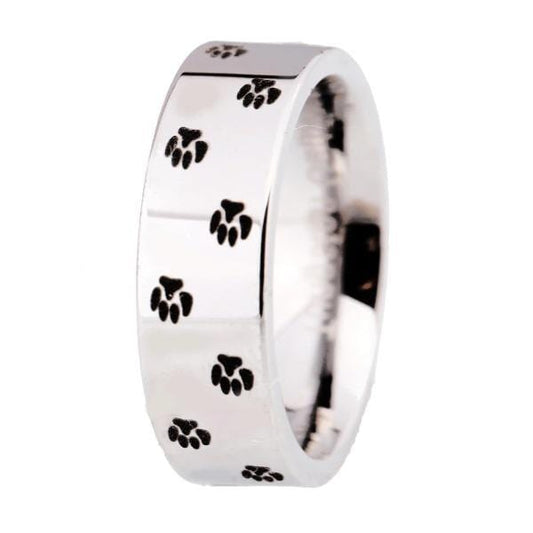 Tungsten 8mm Paw Print Silver Wedding Bands