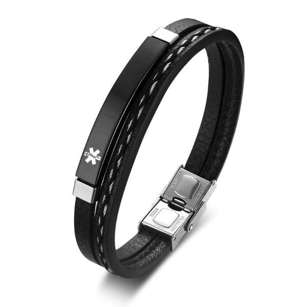 Black Leather  Medical Alert ID Bracelets