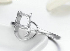 Silver Cat & Heart Engagement Ring