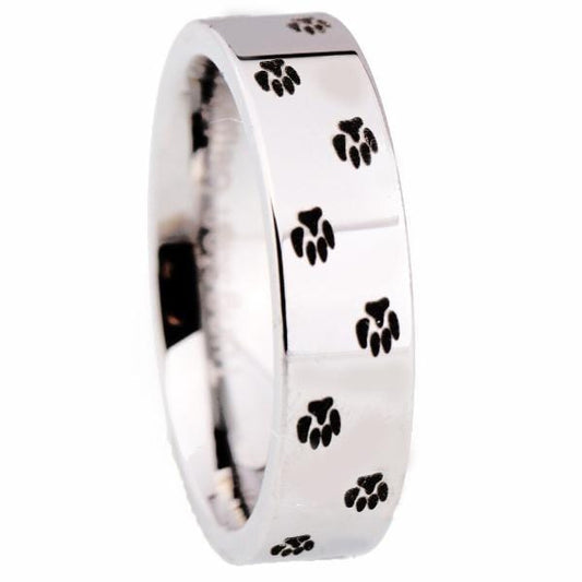 Tungsten 6mm Paw Print Silver Wedding Bands