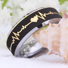 Mens Tungsten Gold and Black Heartbeat Ring