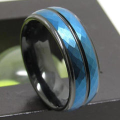 Tungsten Blue Diamond Grooved Wedding Ring