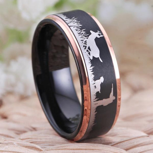 Tungsten Rose Gold Deer Hunting Ring