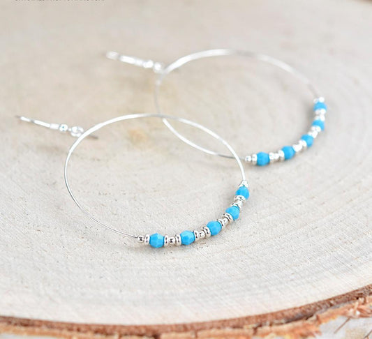 Large Hoop Silver Earrings Genuine Turquoise Swarovski Crystal