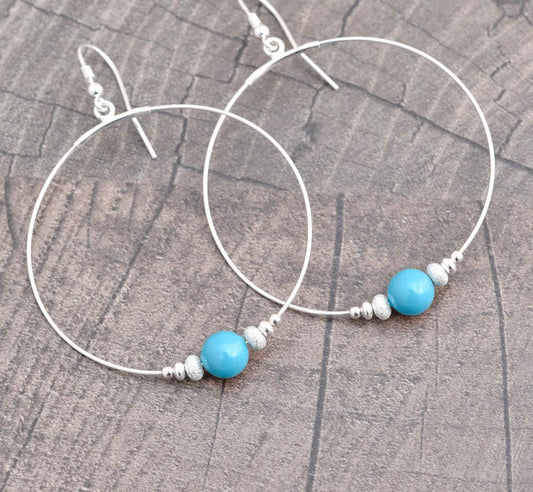 Large Hoop Silver Turquoise Pearl Earrings Swarovski Crystal