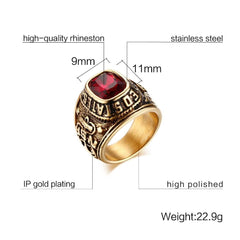 Mens Gold And Red Gemstone US Navy Style Ring