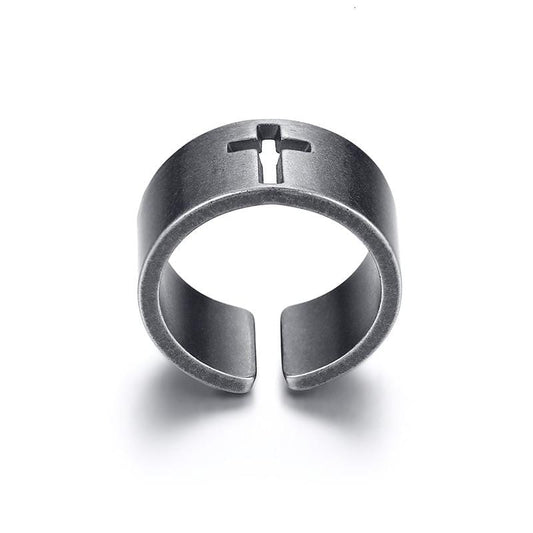 Mens Stainless Steel Cut-Out Cross Ring