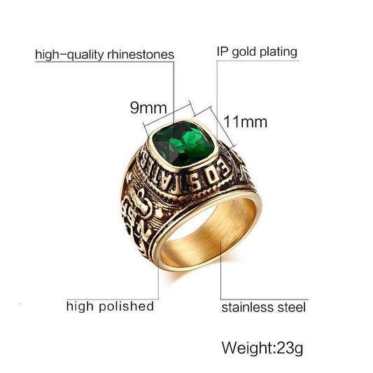 Mens Gold And Green Gemstone US Navy Style Ring