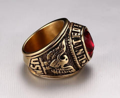 Mens Gold And Red Gemstone US Navy Style Ring