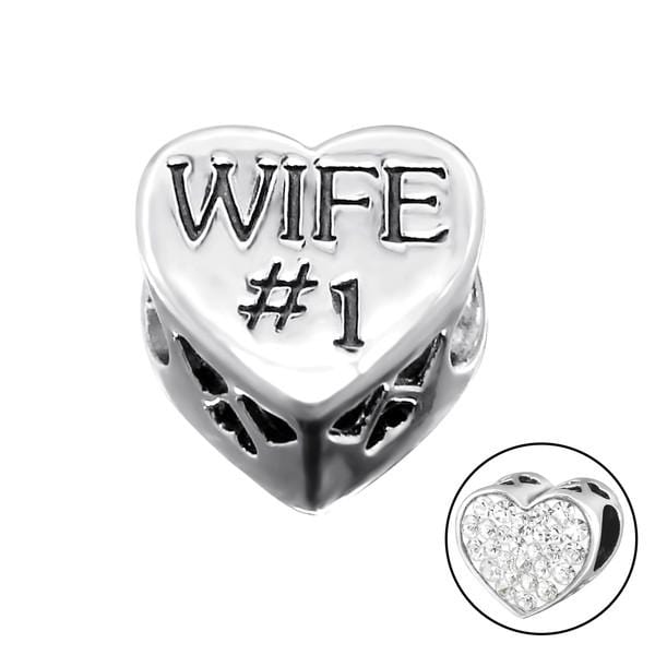 Silver Crystal  Heart Wife Charm Bead