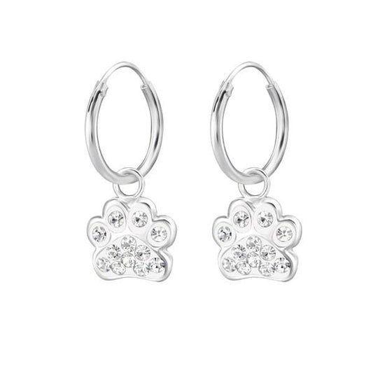 Children's Silver Crystal Hanging Paw  Hoop Earrings