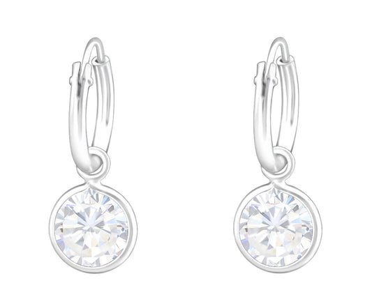 Sterling Silver Hanging Round CZ Crystal Ear Hoops